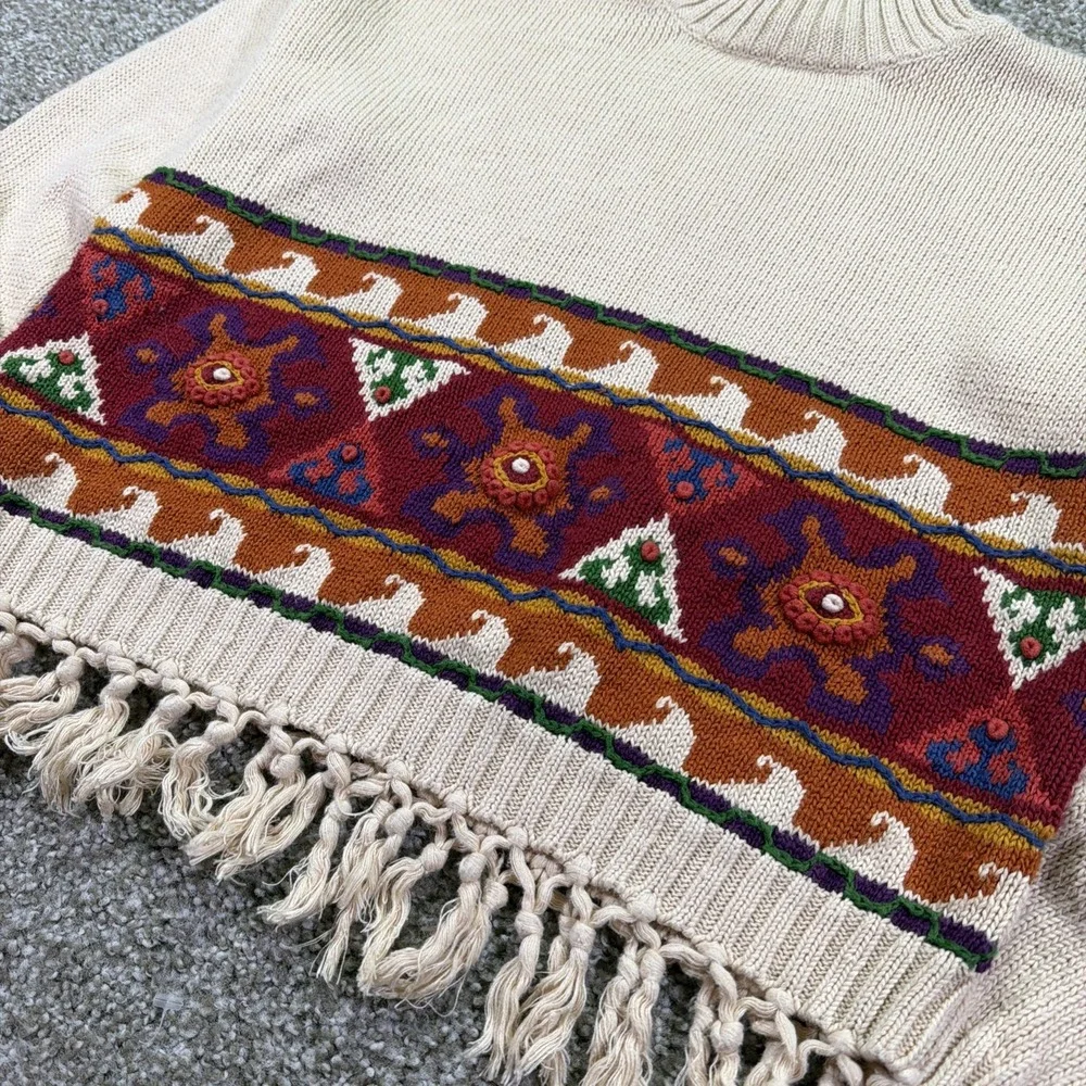 Vintage Southwest Aztec Fringe Eagle Eye Turtle Neck Sweater 1994 Classic